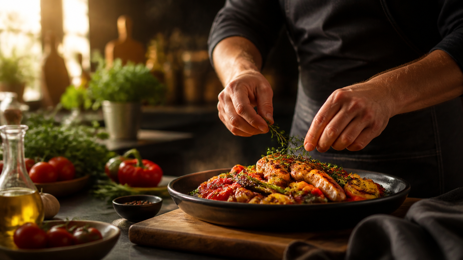 Chef finishing a colourful restaurant-quality dish in a warm home kitchen