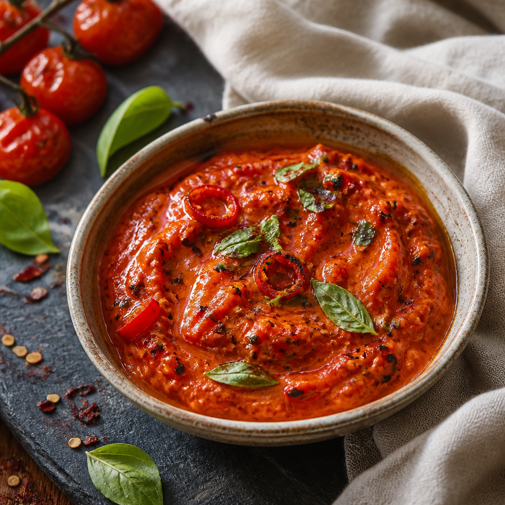 Glossy charred chilli tomato butter sauce in a small bowl