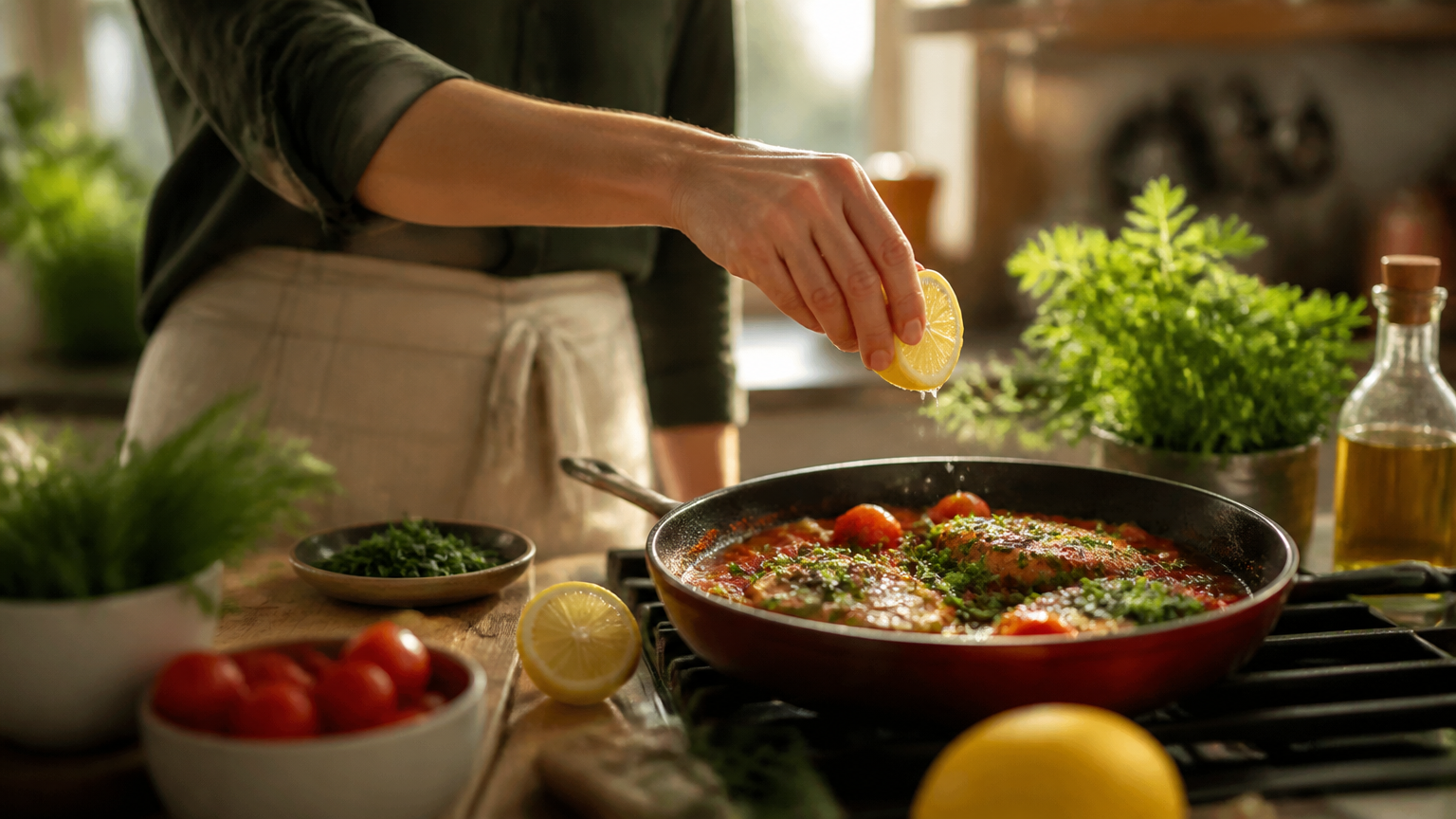 Chef seasoning a vibrant home-cooked dish at a warm kitchen counter