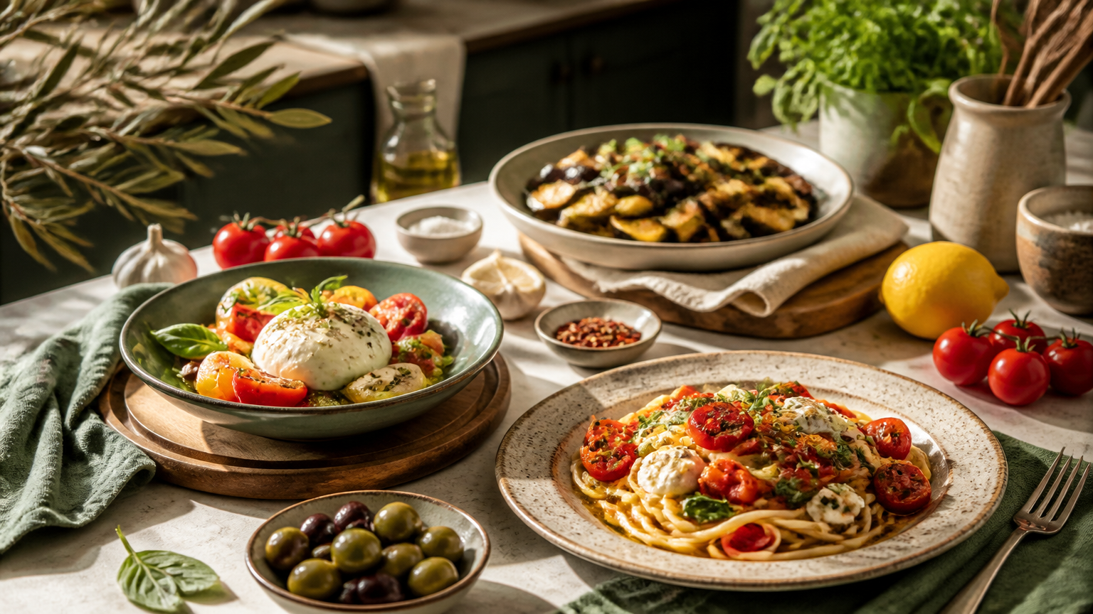 Colourful home-cooked dishes and fresh ingredients arranged on a kitchen table