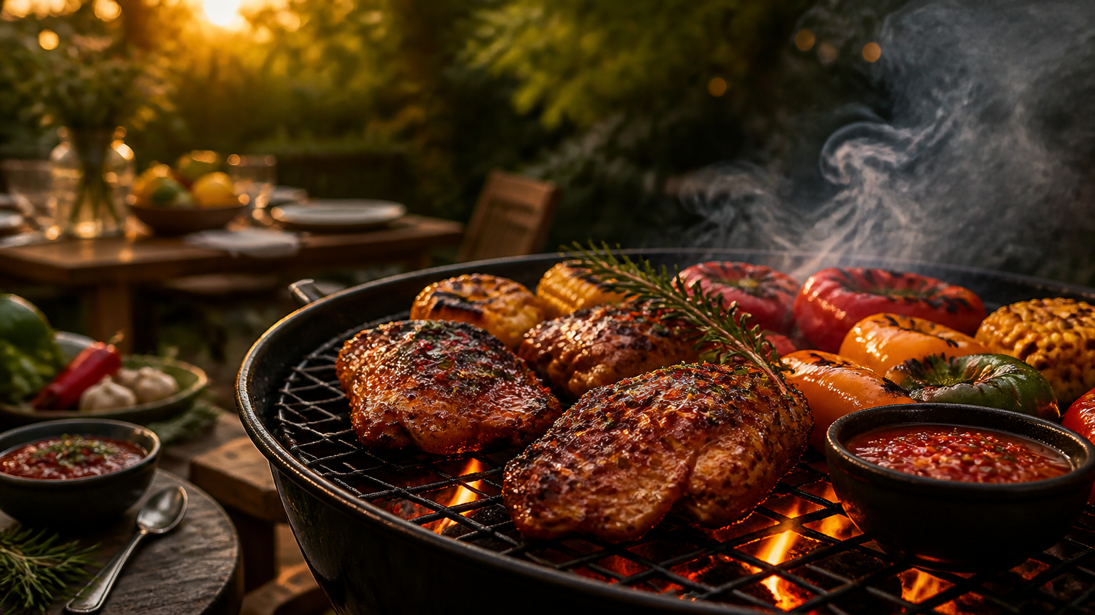 Beautiful barbecue grill with colourful vegetables, grilled meat and glowing coals at a relaxed outdoor gathering