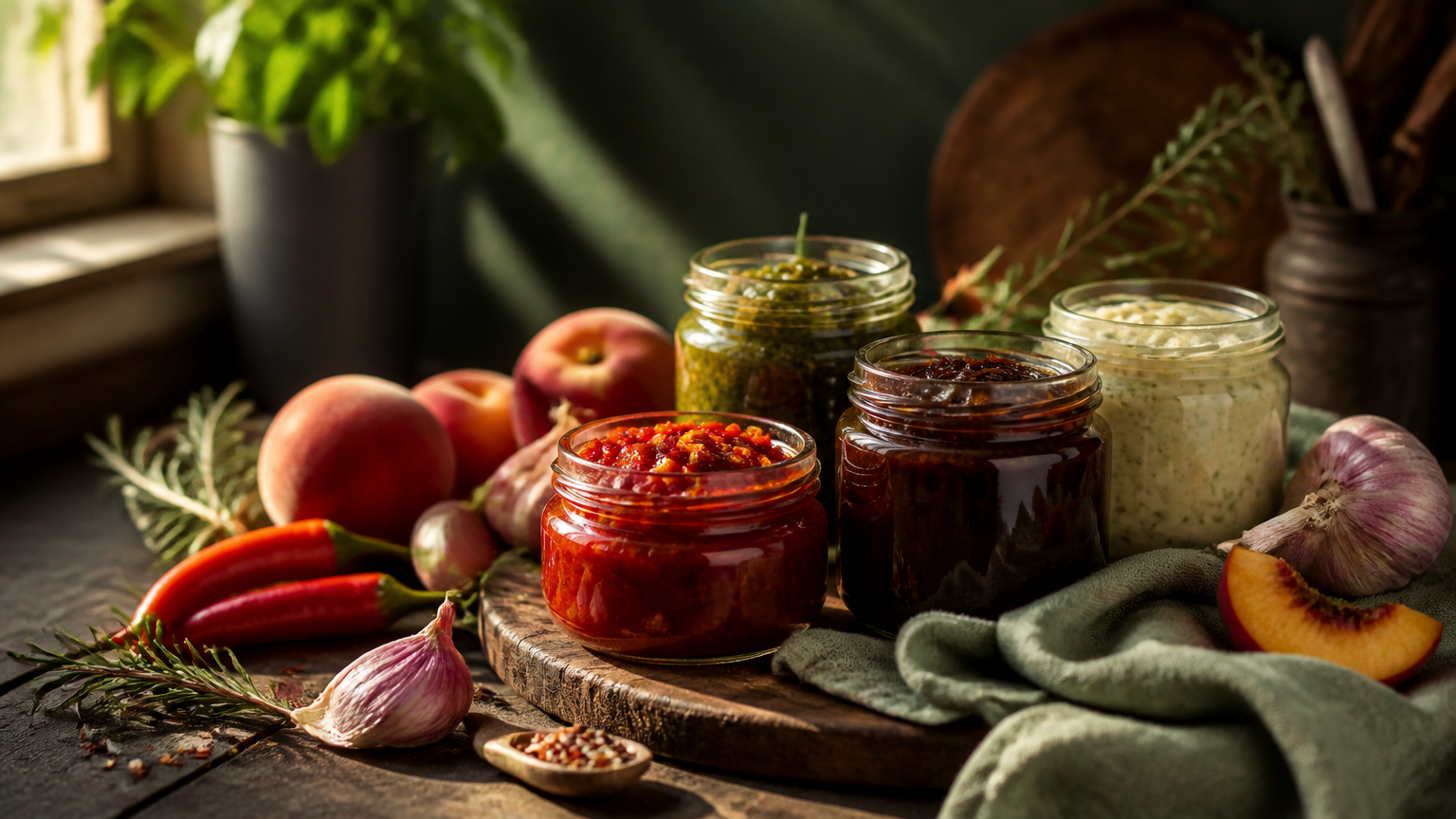 Beautiful selection of handmade sauces, jam jars, spices and fresh ingredients on a warm rustic kitchen counter